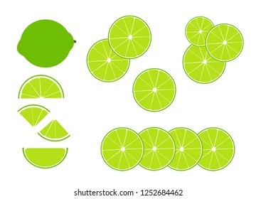 Fresh limes and slices. Flat vector illustration.