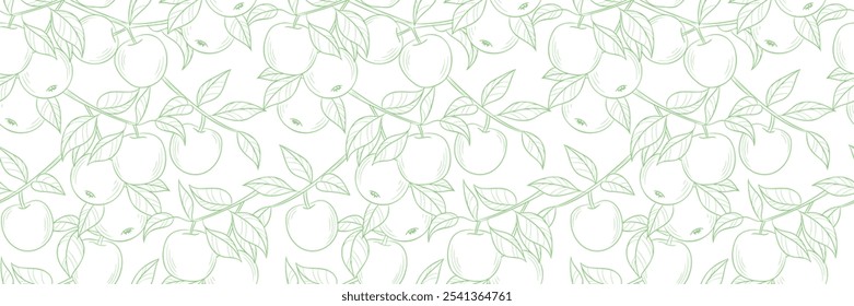 Anuncio fresco de la impresión de la manzana del arte de la línea, modelo de la repetición del Vector de la vendimia con las frutas, diseño elegante del fondo