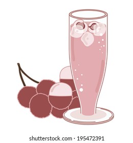 Fresh litchi juice with ice in glass and litchi fruit. Tropical fruit vector illustration cartoon on white background. Design for juice menu element, restaurant and fruit shop