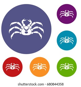 Fresh live crab icons set in flat circle red, blue and green color for web