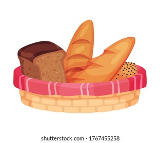 Fresh Loaf of Bread and Baton Rested in Bread Basket Vector Illustration