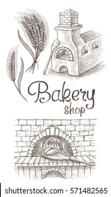 fresh loaf of bread and a bread oven in graphic style