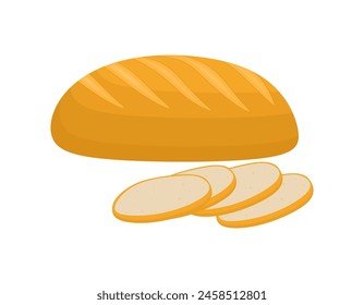Fresh loaf of bread, sliced fresh wheat bread isolated on white background. Whole freshly baked bread and pieces. Wheat product in cartoon style. Bakery icon. Colored flat vector illustration