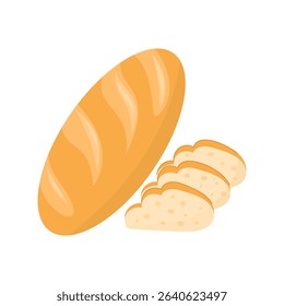Fresh loaf of bread with slices, isolated on a white background. Golden, crusty loaf and soft bread slices, perfect for bakery, food design projects. Vector illustration.