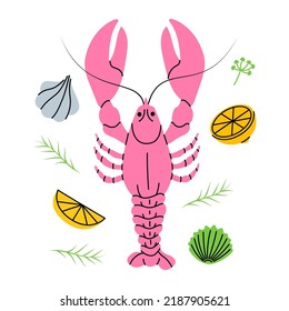 Fresh lobster with lemon slices, garlic and rosemary. Crayfish dish with herbs seasoning. Fresh crawfish with big claws meal menu illustration.