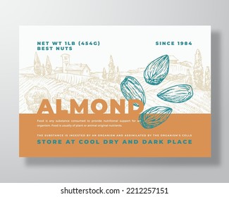 Fresh Local Almond Food Label Template. Abstract Vector Packaging Design Layout. Modern Typography Banner with Hand Drawn Nuts and Rural Landscape Background. Isolated