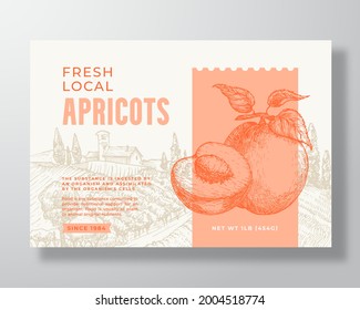 Fresh Local Apricot Food Label Template. Abstract Vector Packaging Design Layout. Modern Typography Banner with Hand Drawn Fruit and Rural Landscape Background. Isolated.