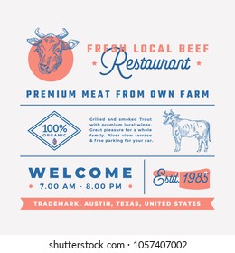 Fresh Local Beef Restaurant Signs, Titles, Inscriptions and Menu Decoration Elements Set. Premium Quality Retro Typography Layout with Hand Drawn Icons or Symbols. Vintage Cow Label Template. Isolated