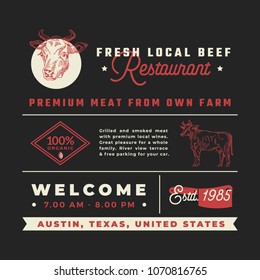 Fresh Local Beef Restaurant Signs, Titles, Inscriptions and Menu Decoration Elements Set. Premium Quality Retro Typography Layout with Hand Drawn Icons. Vintage Cow Label Template. Dark Background.