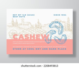 Plantilla De Etiqueta De Comida De Cashew Local Fresca. Diseño de empaquetado de vectores abstracto. Banner de tipografía moderna con nueces de mano y fondo paisajístico rural. Aislado