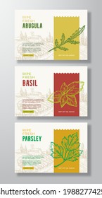 Fresh Local Food Label Templates Set. Abstract Vector Packaging Design Layouts Collection. Banners with Hand Drawn Arugula, Basil and Parsley Herbs and Rural Landscape Background. Isolated.