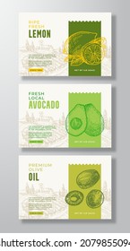 Fresh Local Food Label Templates Set. Abstract Vector Packaging Design Layouts Collection. Banners with Hand Drawn Lemons, Avocado, Olives and Rural Landscape Background. Isolated.