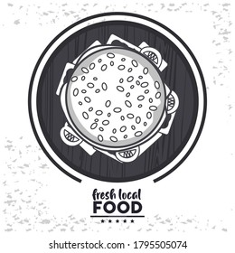fresh local food lettering with burger vector illustration design