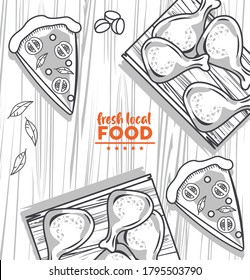 fresh local food lettering drawing in background wooden vector illustration design