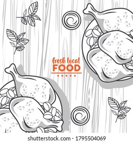 fresh local food lettering drawing in table wooden background vector illustration design