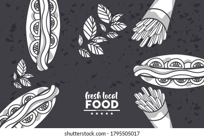 fresh local food lettering drawing in background black vector illustration design