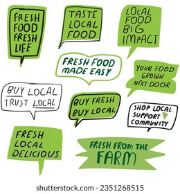 Fresh local food. Set of hand drawn badges. Vector graphic design. Illustrations on white background.