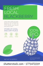 Fresh Local Fruits and Berries Label Template. Abstract Vector Packaging Design Layout. Modern Typography Banner with Hand Drawn Blackberry Sketch Silhouette Background. Isolated.