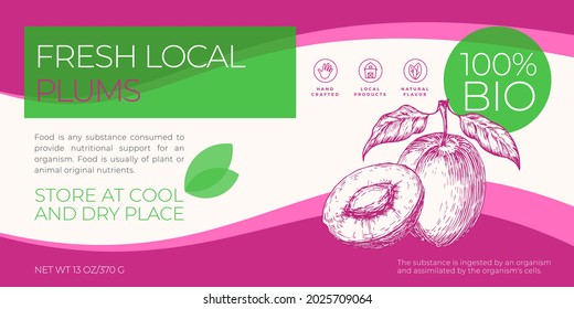 Fresh Local Fruits and Berries Label Template. Abstract Vector Packaging Horizontal Design Layout. Modern Typography Banner with Hand Drawn Plums Sketch Silhouette Background. Isolated.