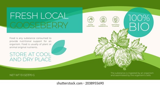 Fresh Local Fruits and Berries Label Template. Abstract Vector Packaging Horizontal Design Layout. Modern Typography Banner with Hand Drawn Gooseberry Sketch Silhouette Background. Isolated.