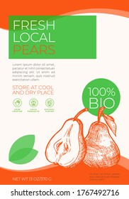 Fresh Local Fruits Label Template. Abstract Vector Packaging Design Layout. Modern Typography Banner with Hand Drawn Pear with a Half Sketch Silhouette Background. Isolated.