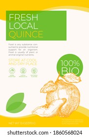 Fresh Local Fruits Label Template. Abstract Vector Packaging Design Layout. Modern Typography Banner with Hand Drawn Quince with a Slice Sketch Silhouette Background. Isolated.