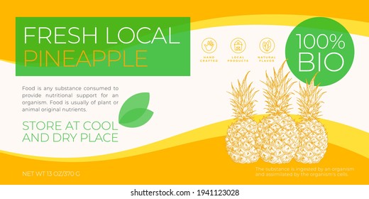 Fresh Local Fruits Label Template. Abstract Vector Packaging Horizontal Design Layout. Modern Typography Banner with Hand Drawn Pineapple with Leaves Sketch Silhouette Background. Isolated.