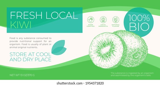 Fresh Local Fruits Label Template. Abstract Vector Packaging Horizontal Design Layout. Modern Typography Banner with Hand Drawn Kiwi with Slice Sketch Silhouette Background. Isolated.