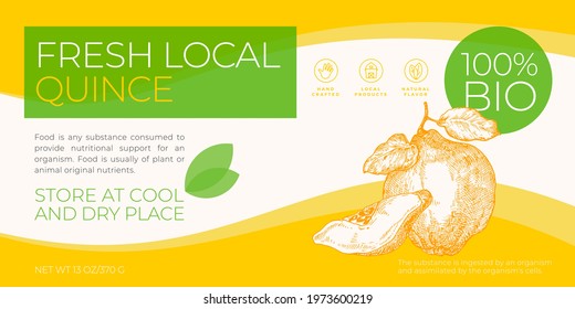 Fresh Local Fruits Label Template. Abstract Vector Packaging Horizontal Design Layout. Modern Typography Banner with Hand Drawn Quince with Slice Sketch Silhouette Background. Isolated.