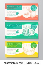 Fresh Local Fruits Label Templates Set. Abstract Vector Packaging Horizontal Design Layouts Collection. Modern Typography Banners with Peaches, Coconuts and Bananas Sketches Backgrounds. Isolated.
