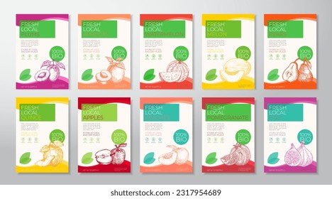 Kollektion von Etikettenvorlagen für frische lokale Früchte. Abstrakter Vector Packaging Design Layouts Set. Modernes Typografie-Banner mit handgezeichneten Skizze Silhouetten-Hintergründen. isoliert