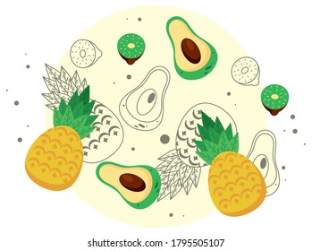 fresh local fruits with pineapples and fruits pattern vector illustration design