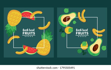 fresh local fruits set of patterns in green background vector illustration design