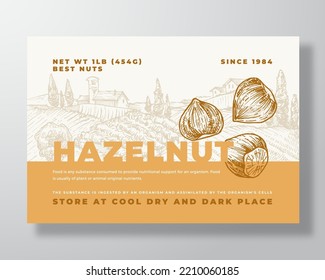 Fresh Local Hazelnut Food Label Template. Abstract Vector Packaging Design Layout. Modern Typography Banner with Hand Drawn Nuts and Rural Landscape Background. Isolated