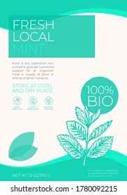 Fresh Local Herbs Label Template. Abstract Vector Packaging Design Layout. Modern Typography Banner with Hand Drawn Mint Branch Sketch Silhouette Background. Isolated.