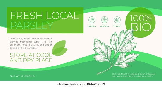 Fresh Local Herbs Label Template. Abstract Vector Packaging Horizontal Design Layout. Modern Typography Banner with Hand Drawn Parsley Branch Sketch Silhouette Background. Isolated.