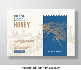 Fresh Local Honey Label Template. Abstract Vector Packaging Design Layout. Modern Typography Banner with Hand Drawn Bee and Rural Landscape Background. Isolated.