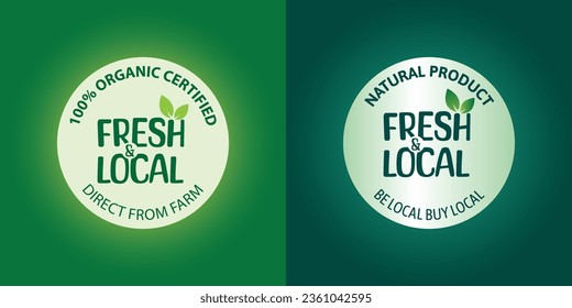 Fresh and local icon, Logo, emblem, stamp, sticker label, badge, be local buy local, local product natural organic product, less carbon footprint, leaf, new flat vector, latest illustration design.