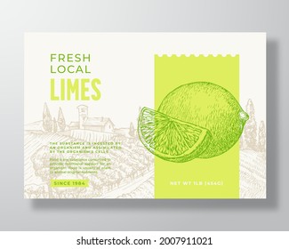 Fresh Local Lime Food Label Template. Abstract Vector Packaging Design Layout. Modern Typography Banner with Hand Drawn Citrus Fruit and Rural Landscape Background. Isolated.