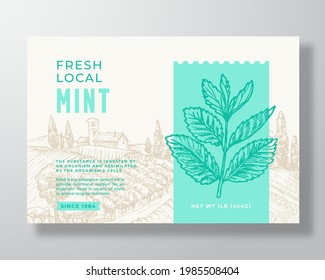 Fresh Local Mint Food Label Template. Abstract Vector Packaging Design Layout. Modern Typography Banner with Hand Drawn Herb Branch and Rural Landscape Background. Isolated.