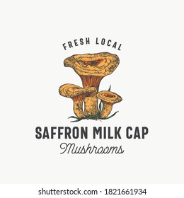 Fresh Local Mushrooms Abstract Sign, Symbol or Logo Template. Hand Drawn Colorful Saffron Milk Cap Group with Typography. Edible Plant Vector Emblem Concept. Isolated.