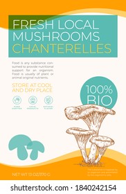 Fresh Local Mushrooms Label Template. Abstract Vector Packaging Design Layout. Modern Typography Banner with Hand Drawn Chanterelles Sketch Silhouette Background.