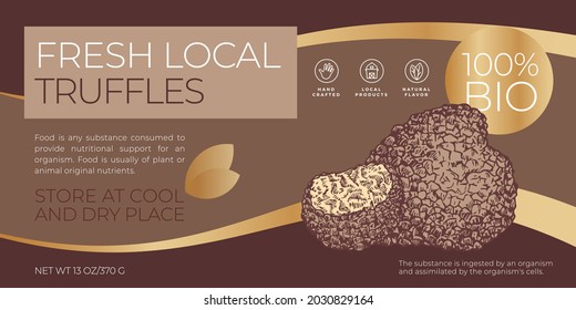 Fresh Local Mushrooms Label Template. Abstract Vector Packaging Horizontal Design Layout. Modern Typography Banner with Hand Drawn Truffles Sketch Silhouette Background. Isolated.