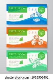 Fresh Local Nuts Label Templates Set. Abstract Vector Packaging Horizontal Design Layouts Collection. Modern Typography Banners with Almonds, Pistachios and Hazelnut Sketches Backgrounds. Isolated.