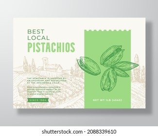 Fresh Local Pistachios Food Label Template. Abstract Vector Packaging Design Layout. Modern Typography Banner with Hand Drawn Nuts and Rural Landscape Background Isolated