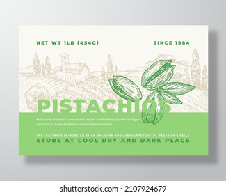 Frische Vorlage für das Lebensmitteletikett von Pistachios. Abstraktes Design für Vektorverpackungen. Modernes Typografie-Banner mit handgezeichneten Nuts und ländlichem Hintergrund einzeln