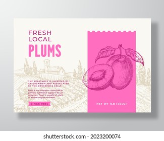 Fresh Local Plums Food Label Template. Abstract Vector Packaging Design Layout. Modern Typography Banner with Hand Drawn Fruit and Rural Landscape Background. Isolated.