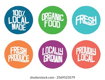 Fresh local produce circle badge set.  Vector design hand lettering illustration for web, t-shirt design, other graphic design use