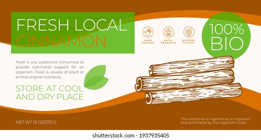 Fresh Local Spices Label Template. Abstract Vector Packaging Horizontal Design Layout. Modern Typography Banner with Hand Drawn Cinnamon Sticks Sketch Silhouette Background. Isolated.