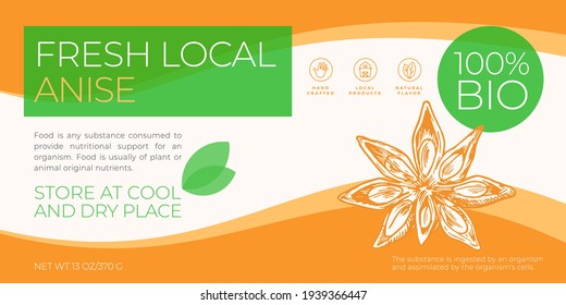 Fresh Local Spices Label Template. Abstract Vector Packaging Horizontal Design Layout. Modern Typography Banner with Hand Drawn Anise Star Sketch Silhouette Background. Isolated.